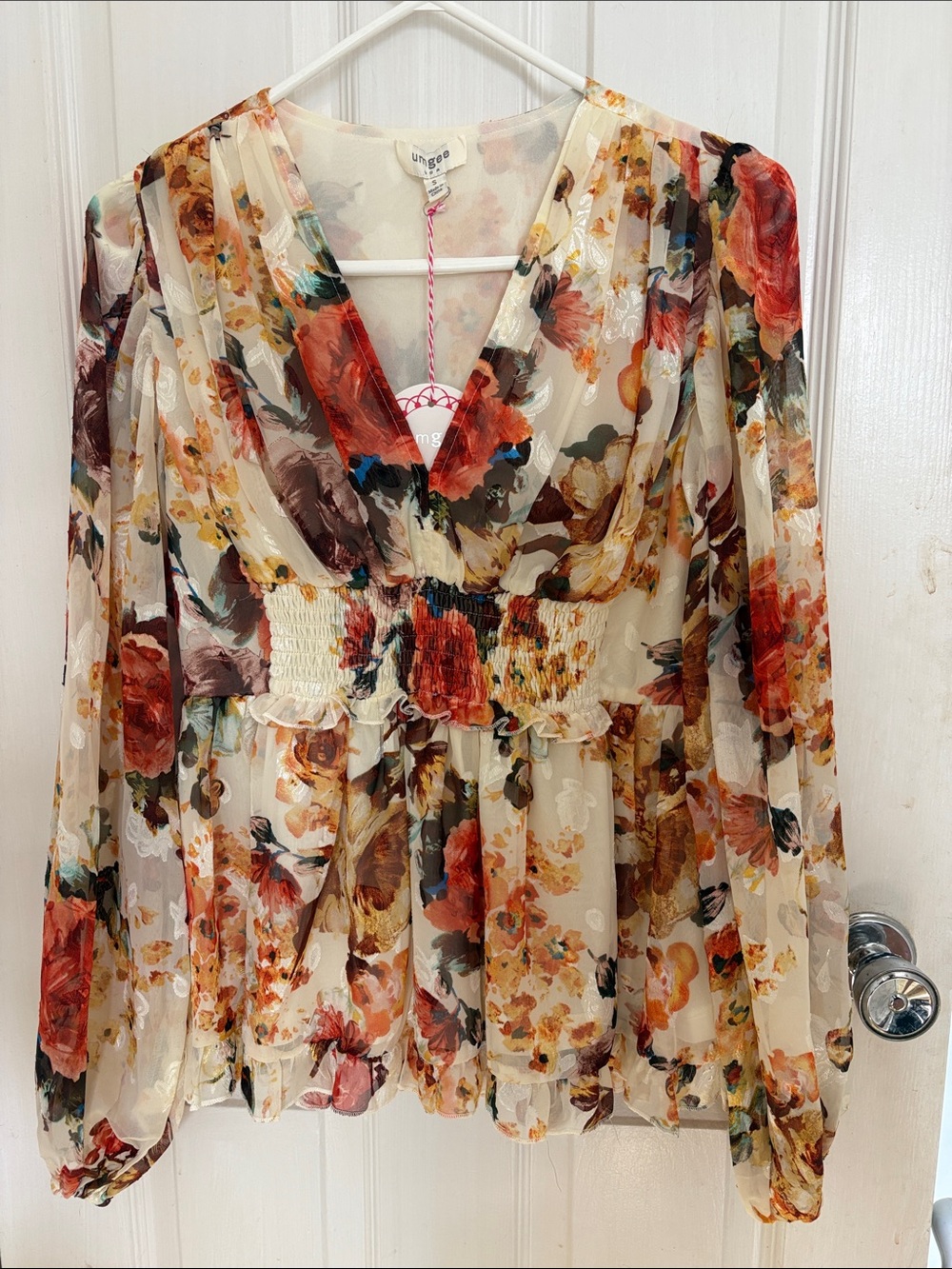 Umgee Floral V-Neck Smocked Waist Blouse - Cream Multi